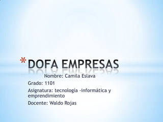 Nombre: Camila Eslava
Grado: 1101
Asignatura: tecnología -informática y
emprendimiento
Docente: Waldo Rojas
*
 
