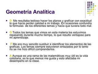 Geometría Analítica D  Me resultaba tedioso hacer los planos y graficar con exactitud lo que hacia perder calidad a mi trabajo. En ocasiones confundía la formulas  de los diferentes temas y hacia que tuviera todo mal. O  Todos los temas que vimos en esta materia los estuvimos repasando durante mucho tiempo, lo que resulto ventajoso para mi aprendizaje. F  Me era muy sencillo sustituir e identificar los elementos de las graficas. Los temas siempre estuvieron enlazados por lo tanto no se me hizo difícil comprenderlos. A  Aunque es una rama de las matemáticas muy útil es la vida cotidiana, es la que menos me gusta y esto afectaba mi desempeño en la clase. 
