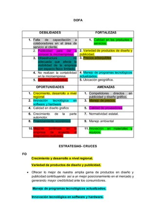 DOFA
DEBILIDADES FORTALEZAS
1. Falta de capacitación a
colaboradores en el área de
servicio al cliente.
1. Calidad en los productos y
servicios.
2. Publicidad para dar a
conocer la microempresa.
2. Variedad de productos de diseño y
publicidad.
3. Infraestructura no
adecuada que afecta la
visibilidad de la empresa
con espacio físico limitado.
3. Precios adsequibles
4. No realizan la contabilidad
en la microempresa.
4. Manejo de programas tecnológicos
actualizados.
5. Identidad corporativa. 5. Ubicación geográfica.
OPORTUNIDADES AMENAZAS
1. Crecimiento, desarrollo a nivel
regional.
1. Competidores directos en
publicidad y diseño gráfico.
2. Innovación tecnológica en
software y hardware.
3. Manejo de precios.
4. Calidad en diseño grafico 5. Calidad de proveedores
6. Crecimiento de la parte
automotor.
7. Normatividad estatal.
8. Financiamiento económico 9. Manejo ambiental
10.Mejoras continuas en la
empresa de acuerdo al
diagnóstico realizado.
11.Innovación en materiales y
equipos.
ESTRATEGIAS- CRUCES
FO
Crecimiento y desarrollo a nivel regional.
Variedad de productos de diseño y publicidad.
 Ofrecer lo mejor de nuestra amplia gama de productos en diseño y
publicidad contribuyendo así a un mejor posicionamiento en el mercado y
generando mayor credibilidad ante los consumidores.
Manejo de programas tecnológicos actualizados.
Innovación tecnológica en software y hardware.
 