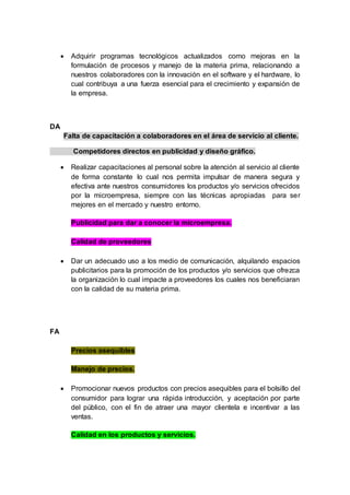  Adquirir programas tecnológicos actualizados como mejoras en la
formulación de procesos y manejo de la materia prima, relacionando a
nuestros colaboradores con la innovación en el software y el hardware, lo
cual contribuya a una fuerza esencial para el crecimiento y expansión de
la empresa.
DA
Falta de capacitación a colaboradores en el área de servicio al cliente.
Competidores directos en publicidad y diseño gráfico.
 Realizar capacitaciones al personal sobre la atención al servicio al cliente
de forma constante lo cual nos permita impulsar de manera segura y
efectiva ante nuestros consumidores los productos y/o servicios ofrecidos
por la microempresa, siempre con las técnicas apropiadas para ser
mejores en el mercado y nuestro entorno.
Publicidad para dar a conocer la microempresa.
Calidad de proveedores
 Dar un adecuado uso a los medio de comunicación, alquilando espacios
publicitarios para la promoción de los productos y/o servicios que ofrezca
la organización lo cual impacte a proveedores los cuales nos beneficiaran
con la calidad de su materia prima.
FA
Precios asequibles
Manejo de precios.
 Promocionar nuevos productos con precios asequibles para el bolsillo del
consumidor para lograr una rápida introducción, y aceptación por parte
del público, con el fin de atraer una mayor clientela e incentivar a las
ventas.
Calidad en los productos y servicios.
 