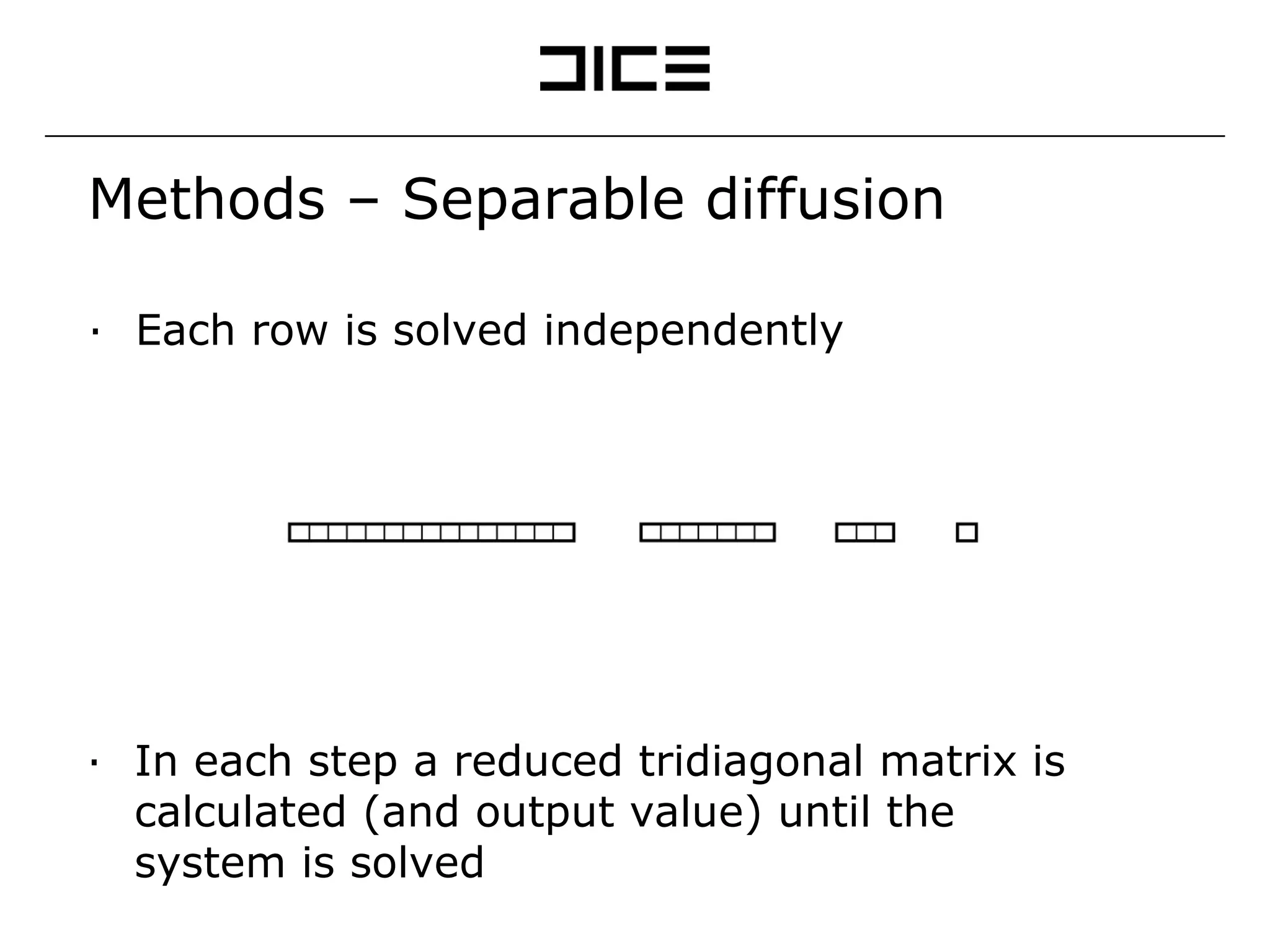 Methods – Separable diffusion Each row is solved independently In each step a reduced tridiagonal matrix is calculated (and output value) until the system is solved 