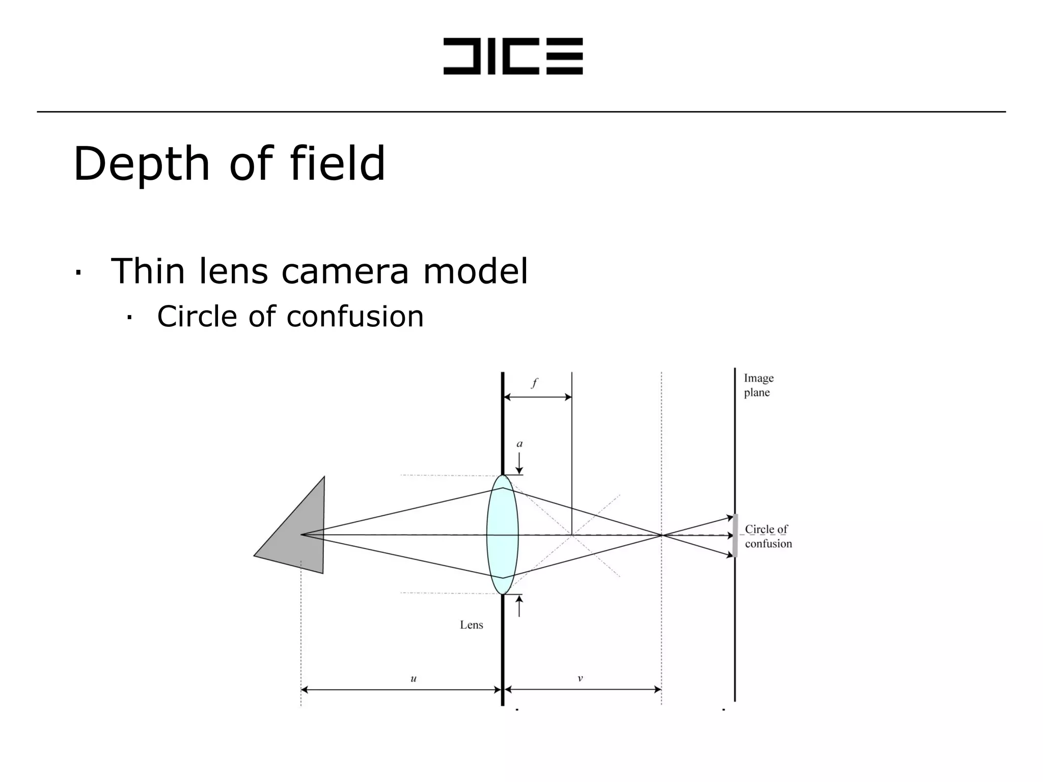 Depth of field Thin lens camera model Circle of confusion 