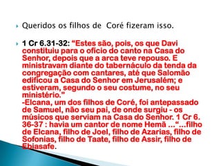 Queridos os filhos de  Coré fizeram isso.1 Cr 6.31-32: “Estes são, pois, os que Davi constituiu para o ofício do canto na Casa do Senhor, depois que a arca teve repouso. E ministravam diante do tabernáculo da tenda da congregação com cantares, até que Salomão edificou a Casa do Senhor em Jerusalém; e estiveram, segundo o seu costume, no seu ministério.”-Elcana, um dos filhos de Coré, foi antepassado de Samuel, não seu pai, de onde surgiu - os músicos que serviam na Casa do Senhor. 1 Cr 6. 36-37 : havia um cantor de nome Hemã ...“...filho de Elcana, filho de Joel, filho de Azarias, filho de Sofonias, filho de Taate, filho de Assir, filho de Ebiasafe.