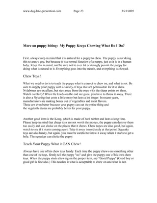 www.dog-bite-prevention.com Page 23 3/23/2005
More on puppy biting: My Puppy Keeps Chewing What Do I Do?
First, always keep in mind that it is natural for a puppy to chew. The puppy is not doing
this to annoy you, but because it is a normal function of a puppy, just as it is in a human
baby. Keep this in mind, and be sure not to ever hit or strongly punish the puppy for
doing what is natural to it. Everything goes into the mouth, and everything is chewed.
Chew Toys!
What we need to do is to teach the puppy what is correct to chew on, and what is not. Be
sure to supply your puppy with a variety of toys that are permissible for it to chew.
Nylabones are excellent, but stay away from the ones with the sharp points on them.
Watch carefully! When the knobs on the end are gone, you have to throw it away. There
is also a Nylaring that costs a little more but lasts a lot longer. In recent years,
manufacturers are making bones out of vegetables and meat flavors.
These are even better because your puppy can eat the entire thing and
the vegetable items are probably better for your puppy.
Another good item is the Kong, which is made of hard rubber and lasts a long time.
Please keep in mind that cheap toys are not worth the money, the puppy can destroy them
too easily and can choke on the pieces that it chews. Chew ropes are also good, but again,
watch to see if it starts coming apart. Take it away immediately at that point. Squeaky
toys are also handy, but again, you must be careful to throw it away when it starts to get a
hole. The squeaker can choke the puppy.
Teach Your Puppy What it CAN Chew!
Always have one of his chew toys handy. Each time the puppy chews on something other
than one of the toys, firmly tell the puppy "no" and give the puppy one of his own chew
toys. When the puppy starts chewing on the proper item, say "Good Puppy" (Good boy or
good girl is fine also.) This teaches it what is acceptable to chew on and what is not.
 