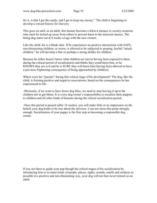 www.dog-bite-prevention.com Page 55 3/23/2005
for it, is that I get the candy, and I get to keep my money.” The child is beginning to
develop a reward history for thievery.
This goes on until, as an adult, this human becomes a felon-a menace to society-someone
who must be locked up away from others to prevent harm to the innocent masses. The
biting dog starts out at 8 weeks of age with the new owners.
Like the child, his is a blank slate. If he experiences no positive interactions with SAFE,
non-threatening children, or worse, is allowed to be subjected to groping, hurtful “attack
children,” he will develop a fear or perhaps a strong dislike for children.
Because he either doesn’t know what children are (never having been exposed to them
during the critical period of socialization) and thinks they could harm him, or he
KNOWS they are evil and he is SURE they will harm him (having been allowed to have
a previous frightening consequence of being approached by children).
Where were his “parents” during this critical stage of his development? The dog, like the
child, is forming positive and negative associations, based on the consequences he has
experienced in life.
Obviously, if we want to have fewer dog bites, we need to stop leaving it up to the
children not to get bitten. It is every dog owner’s responsibility to socialize their puppies
to children and all other kinds of humans during the critical socialization period.
Once this period is passed (after 16 weeks), you will make little or no impression on the
beliefs your dog holds to be true about the universe. I can not stress this point strongly
enough. Socialization of your puppy is the first step in becoming a responsible dog
owner.
If you are there to guide your pup though the critical stages of his socialization by
introducing him to as many kinds of people, places, sights, sounds, smells and surfaces as
possible in a positive and non-threatening way, your dog will not fear novel stimuli as an
adult.
 