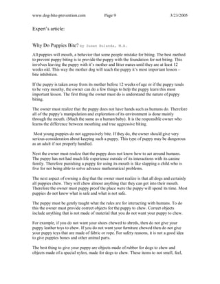 www.dog-bite-prevention.com Page 9 3/23/2005
Expert’s article:
Why Do Puppies Bite? by Susan Bulanda, M.A.
All puppies will mouth, a behavior that some people mistake for biting. The best method
to prevent puppy biting is to provide the puppy with the foundation for not biting. This
involves leaving the puppy with it’s mother and litter mates until they are at least 12
weeks old. This way the mother dog will teach the puppy it’s most important lesson –
bite inhibition.
If the puppy is taken away from its mother before 12 weeks of age or if the puppy tends
to be very mouthy, the owner can do a few things to help the puppy learn this most
important lesson. The first thing the owner must do is understand the nature of puppy
biting.
The owner must realize that the puppy does not have hands such as humans do. Therefore
all of the puppy’s manipulation and exploration of its environment is done mainly
through the mouth. (Much the same as a human baby). It is the responsible owner who
learns the difference between mouthing and true aggressive biting.
Most young puppies do not aggressively bite. If they do, the owner should give very
serious consideration about keeping such a puppy. This type of puppy may be dangerous
as an adult if not properly handled.
Next the owner must realize that the puppy does not know how to act around humans.
The puppy has not had much life experience outside of its interactions with its canine
family. Therefore punishing a puppy for using its mouth is like slapping a child who is
five for not being able to solve advance mathematical problems.
The next aspect of owning a dog that the owner must realize is that all dogs and certainly
all puppies chew. They will chew almost anything that they can get into their mouth.
Therefore the owner must puppy proof the place were the puppy will spend its time. Most
puppies do not know what is safe and what is not safe.
The puppy must be gently taught what the rules are for interacting with humans. To do
this the owner must provide correct objects for the puppy to chew. Correct objects
include anything that is not made of material that you do not want your puppy to chew.
For example, if you do not want your shoes chewed to shreds, then do not give your
puppy leather toys to chew. If you do not want your furniture chewed then do not give
your puppy toys that are made of fabric or rope. For safety reasons, it is not a good idea
to give puppies bones and other animal parts.
The best thing to give your puppy are objects made of rubber for dogs to chew and
objects made of a special nylon, made for dogs to chew. These items to not smell, feel,
 