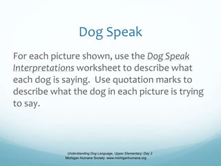 Dog Speak
For each picture shown, use the Dog Speak
Interpretations worksheet to describe what
each dog is saying. Use quotation marks to
describe what the dog in each picture is trying
to say.
Understanding Dog Language, Upper Elementary: Day 2
Michigan Humane Society www.michiganhumane.org
 