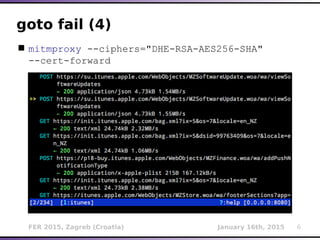 FER 2015, Zagreb (Croatia) January 16th, 2015 6
goto fail (4)
 mitmproxy --ciphers="DHE-RSA-AES256-SHA"
--cert-forward
 