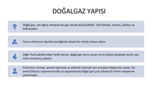 DOĞALGAZ YAPISI
Doğal gaz, çok ilginç olmayan bir gaz olarak düşünülebilir. Saf halinde, renksiz, şekilsiz ve
kokusuzdur.
Yanıcı olmasının dışında yandığında büyük bir enerji ortaya çıkarır.
Diğer fosil yakıtlarından farklı olarak, doğal gaz temiz yanar ve en düşük seviyede zararlı yan
ürün emisyonu çıkartır.
Evlerimizi ısıtmak, yemek pişirmek ve elektrik üretmek için enerjiye ihtiyacımız vardır. Bu
enerji ihtiyacı toplumumuzda ve yaşantımızda doğal gazı çok yüksek bir önem seviyesine
çıkartmıştır.
 