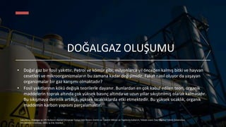 DOĞALGAZ OLUŞUMU
• Doğal gaz bir fosil yakıttır. Petrol ve kömür gibi, milyonlarca yıl önceden kalmış bitki ve hayvan
cesetleri ve mikroorganizmaların bu zamana kadar değişimidir. Fakat nasıl oluyor da yaşayan
organizmalar bir gaz karışımı olmaktadır?
• Fosil yakıtlarının kökü değişik teorilerle dayanır. Bunlardan en çok kabul edilen teori, organik
maddelerin toprak altında çok yüksek basınç altında ve uzun yıllar sıkıştırılmış olarak kalmasıdır.
Bu sıkışmaya derinlik artıkça, yüksek sıcaklıklarda etki etmektedir. Bu yüksek sıcaklık, organik
maddenin karbon yapısını parçalamaktır.
Saka,Bora,, Doğalgaz ve LPG Kullanım Alanları Dünya ve Türkiye’deki Rezerv Üretim ve Tüketim Miktarı ve Taşıtlarda Kullanım, Yüksek Lisans Tezi, İstanbul Teknik Üniversitesi,
Fen Bilimleri Enstitüsü, 2003; sy 3-6, İstanbul.
 