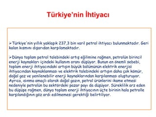 Türkiye’nin İhtiyacı


Türkiye'nin yıllık yaklaşık 237,3 bin varil petrol ihtiyacı bulunmaktadır. Geri
kalan kısmını dışarıdan karşılamaktadır.

Dünya toplam petrol talebindeki artış eğilimine rağmen, petrolün birincil
enerji kaynakları içindeki kullanım oranı düşüyor. Bunun en önemli sebebi,
toplam enerji ihtiyacındaki artışın büyük bölümünün elektrik enerjisi
ihtiyacından kaynaklanması ve elektrik talebindeki artışın daha çok kömür,
doğal gaz ve yenilenebilir enerji kaynaklarından karşılanması oluşturuyor.
Ayrıca, ısınma amaçlı olarak doğal gazın, petrol ürünlerini ikame etmesi
nedeniyle petrolün bu sektördeki pazar payı da düşüyor. Süreklilik arz eden
bu düşüşe rağmen, dünya toplam enerji ihtiyacının üçte birinin hala petrolle
karşılandığının göz ardı edilmemesi gerektiği belirtiliyor.
 