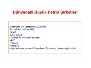 Dünyadaki Büyük Petrol Şirketleri


•Standard Oil Company (SOCONY)
•Brıtısh Petroleum (BP)
•Shell
•Exxon Mobil
•Turkish Petroleum Company
•Gulf
•Texaco
•Chevron
•Opec (Organization of Petroleum Exporting Countries) kuruldu
 
