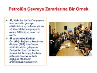 Petrolün Çevreye Zararlarına Bir Örnek

 BP, Meksika Körfezi'ne yayılan
  ham petrolün çevreye
  etkilerinin araştırılması için on
  yıl sürecek bir çalışmaya da
  ayrıca 500 milyon dolar fon
  ayırdı.
 BP ve Meksika Körfezi
  Ortaklığı, Bağımsız Araştırma
  Girişimi (GRI) tarafından
  yürütülecek bu çalışmada
  Deepwater Horizon kazası
  sonrası körfeze yayılan ham
  petrolün çevreye ve halk
  sağlığına etkilerinin
  araştırılmasını amaçlıyor.
 