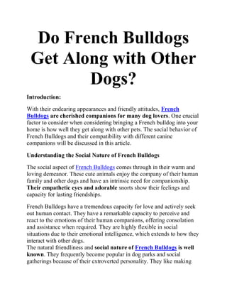 Do French Bulldogs
Get Along with Other
Dogs?
Introduction:
With their endearing appearances and friendly attitudes, French
Bulldogs are cherished companions for many dog lovers. One crucial
factor to consider when considering bringing a French bulldog into your
home is how well they get along with other pets. The social behavior of
French Bulldogs and their compatibility with different canine
companions will be discussed in this article.
Understanding the Social Nature of French Bulldogs
The social aspect of French Bulldogs comes through in their warm and
loving demeanor. These cute animals enjoy the company of their human
family and other dogs and have an intrinsic need for companionship.
Their empathetic eyes and adorable snorts show their feelings and
capacity for lasting friendships.
French Bulldogs have a tremendous capacity for love and actively seek
out human contact. They have a remarkable capacity to perceive and
react to the emotions of their human companions, offering consolation
and assistance when required. They are highly flexible in social
situations due to their emotional intelligence, which extends to how they
interact with other dogs.
The natural friendliness and social nature of French Bulldogs is well
known. They frequently become popular in dog parks and social
gatherings because of their extroverted personality. They like making
 