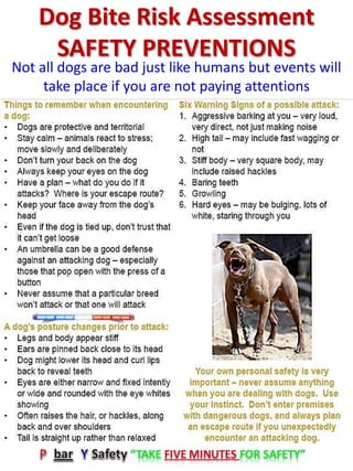 Dog Bite Risk Assessment
SAFETY PREVENTIONS
Not all dogs are bad just like humans but events will
take place if you are not paying attentions
 