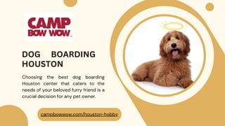 Choosing the best dog boarding
Houston center that caters to the
needs of your beloved furry friend is a
crucial decision for any pet owner.
DOG BOARDING
HOUSTON
campbowwow.com/houston-hobby
 