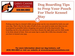 Dog Boarding Tips
to Prep Your Pooch
For Their Kennel
Stay
For more information about our dog trainers, call
(830) 904-4863 or visit our website at www.larascaninesolutions.com
Putting your dog in a kennel while you go away can be very stressful for both you and
your dog. That’s why for the sake of both of you, you need to make sure that you are
as prepared as possible before dropping your pooch off at the dog kennels. Dog
boarding can be a fun adventure if you have chosen the right place and do what needs
to be done ahead of time. Here are some tips to make life a little less stressful when
you have to kennel your pup.
 