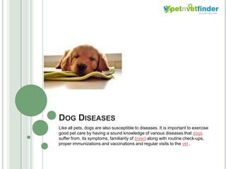 Dog Diseases Like all pets, dogs are also susceptible to diseases. It is important to exercise good pet care by having a sound knowledge of various diseases that dogs suffer from, its symptoms, familiarity of breed along with routine check-ups, proper immunizations and vaccinations and regular visits to the vet . 