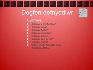 Dogfen defnyddiwr
Cynnwys
Sut i agor y Gronfa ddata?
Sut i greu query?
Sut i greu ffurflen?
Sut i greu adroddiad?
Sut i greu botwm?
Sut i greu bocs cwymp?
Sut i greu macro?
Sut i defnyddio fformiwlâu ac pa
rhai am pa pethau?
 