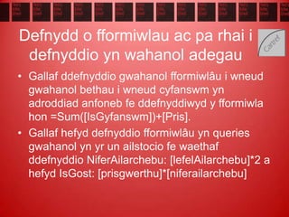 Defnydd o fformiwlau ac pa rhai i
defnyddio yn wahanol adegau
• Gallaf ddefnyddio gwahanol fformiwlâu i wneud
gwahanol bethau i wneud cyfanswm yn
adroddiad anfoneb fe ddefnyddiwyd y fformiwla
hon =Sum([IsGyfanswm])+[Pris].
• Gallaf hefyd defnyddio fformiwlâu yn queries
gwahanol yn yr un ailstocio fe waethaf
ddefnyddio NiferAilarchebu: [lefelAilarchebu]*2 a
hefyd IsGost: [prisgwerthu]*[niferailarchebu]
 