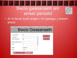Bwcio gwasanaeth am
amser penodol
• Ar ôl llenwi bydd angen i chi gwasgu y botwm
arbed.
 