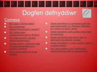 Dogfen defnyddiwr
Cynnwys
Sut i agor y Gronfa ddata?
Sut i ychwanegu
cwsmer/Peiriannydd i’r system?
Sut i golygu data
cwsmer/peiriannydd yn ffurflen?
Sut i dileu cwsmer o ffurflen
cwsmer/peiriannydd ?
Gwasgu botwm i weld pwy sydd
heb gael gwasanaeth am y
flwyddyn diwethaf?
Bwcio gwasanaeth am amser
penodol
Gweld adroddiad o’r cwsmeriaid sydd heb
gael gwasanaeth yn y flwyddyn ddiwethaf
sy’n daclus ac barod i anfon
Gweld adroddiad o bob cydran sydd angen
eu ailarchebu
Gweld adroddiad sydd mynd i gael i’w
ddefnyddio fel anfoneb (receipt)
Gweld adroddiad o’r cerdyn gwaith i gadw yn
yr adran cyfrifion
Sut i greu subform a sut i ddefnyddio i
gofnodi bod beic wedi eu gwasanaethu
 