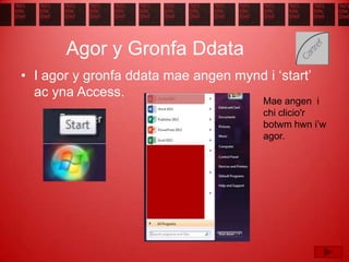 Agor y Gronfa Ddata
• I agor y gronfa ddata mae angen mynd i ‘start’
ac yna Access.
Mae angen i
chi clicio'r
botwm hwn i’w
agor.
 