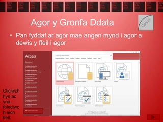 Agor y Gronfa Ddata
• Pan fyddaf ar agor mae angen mynd i agor a
dewis y ffeil i agor
Cliciwch
hyn ac
yna
feindiwc
h eich
ffeil.
 