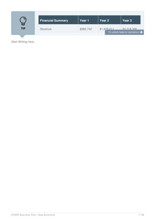 Start Writing here...
Financial Summary Year 1 Year 2 Year 3
Revenue $965,742 $1,878,611 $2,718,300
To unlock help try Upmetrics! 
[YEAR] Business Plan | Dog Grooming 7 / 34
 