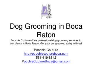 Dog Grooming in Boca
Raton
Poochie Couture offers professional dog grooming services to our
clients in Boca Raton. Get your pet groomed today with us!
Poochie Couture
http://poochiecoutureboca.com
561-419-8842
PoochieCoutureBoca@gmail.com
 