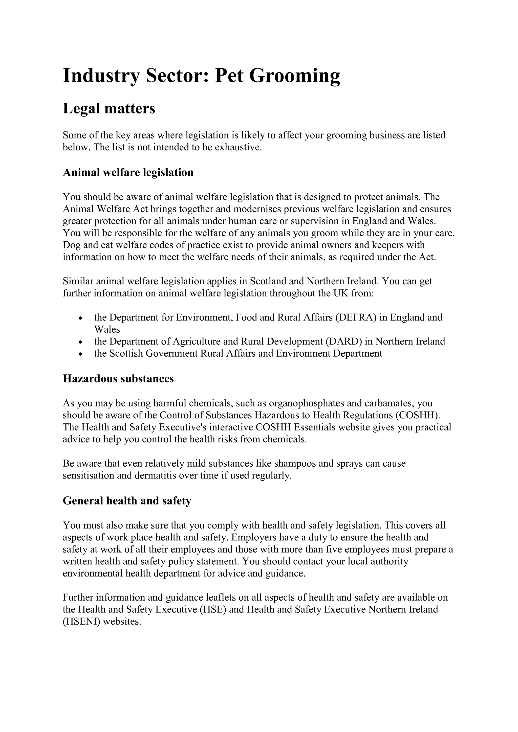 Dog grooming industry sector legislation PDF