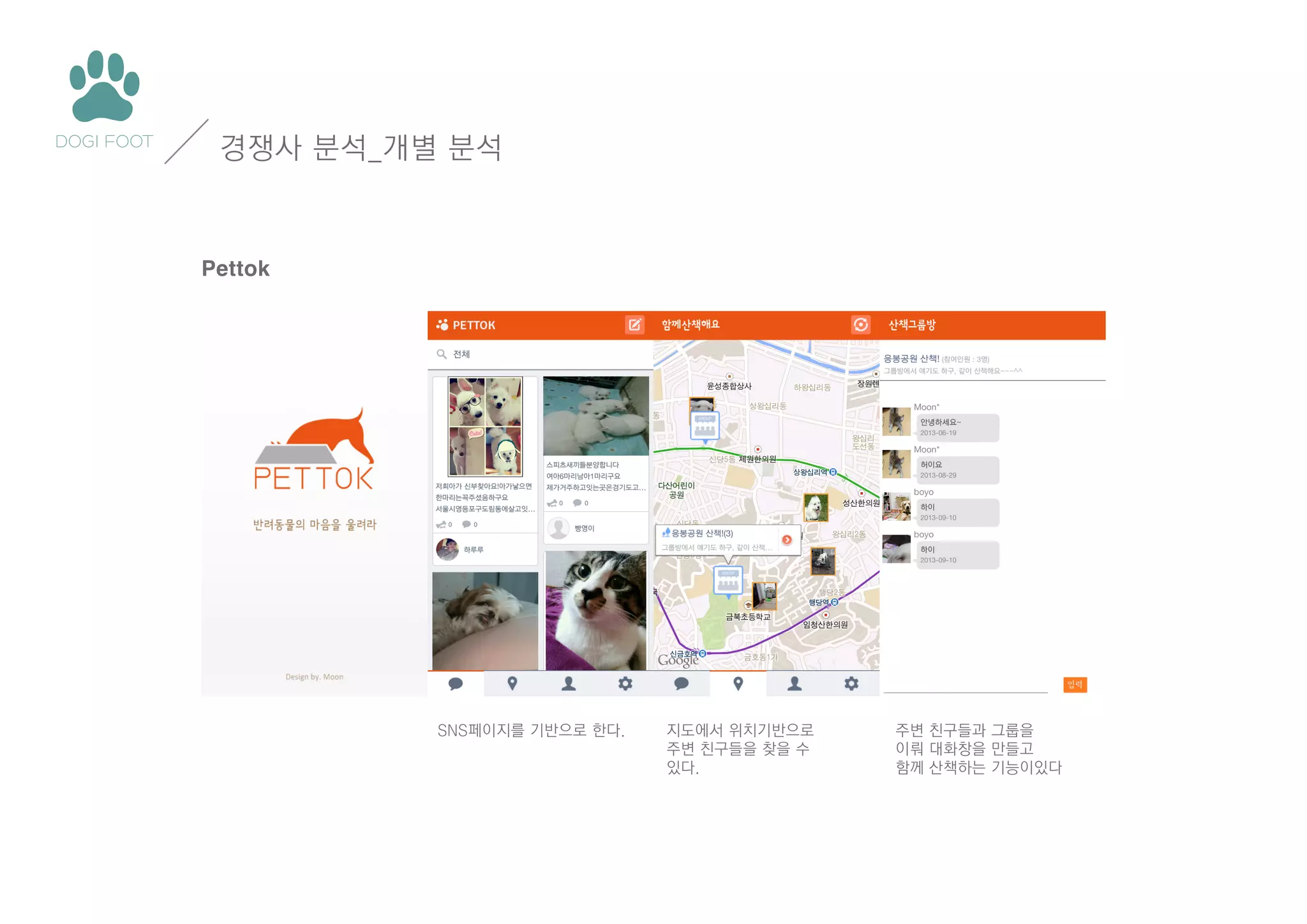 경쟁사 분석_개별 분석

Pettok

SNS페이지를 기반으로 한다.

지도에서 위치기반으로
주변 친구들을 찾을 수
있다.

주변 친구들과 그룹을
이뤄 대화창을 만들고
함께 산책하는 기능이있다

 