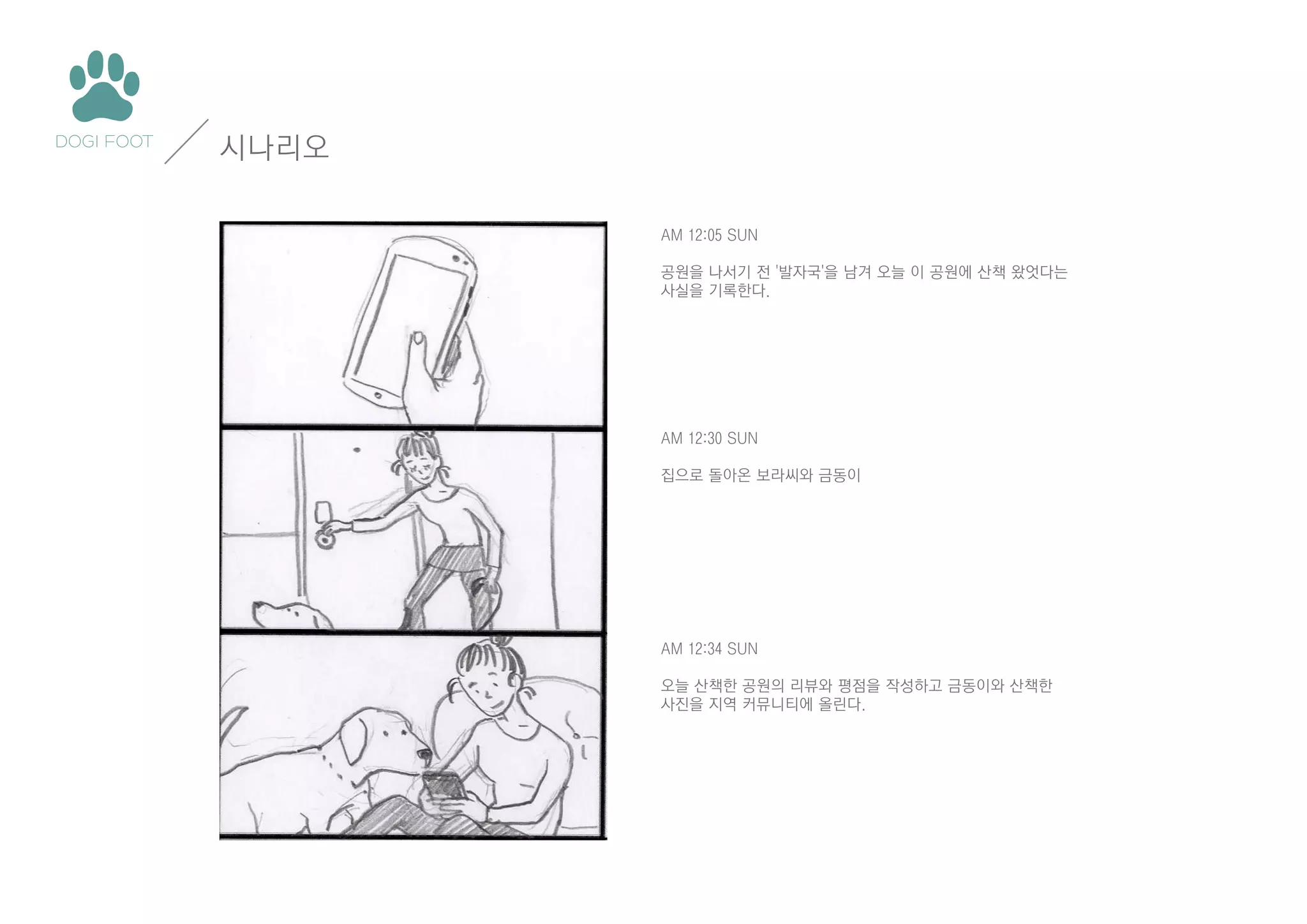 시나리오
AM 12:05 SUN
공원을 나서기 전 '발자국'을 남겨 오늘 이 공원에 산책 왔엇다는
사실을 기록한다.

AM 12:30 SUN
집으로 돌아온 보라씨와 금동이

AM 12:34 SUN
오늘 산책한 공원의 리뷰와 평점을 작성하고 금동이와 산책한
사진을 지역 커뮤니티에 올린다.

 