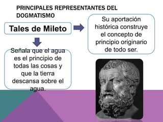 PRINCIPALES REPRESENTANTES DEL
DOGMATISMO
Tales de Mileto
Señala que el agua
es el principio de
todas las cosas y
que la tierra
descansa sobre el
agua.
Su aportación
histórica construye
el concepto de
principio originario
de todo ser.
 