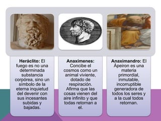 Heráclito: El
fuego es no una
determinada
substancia
corpórea, sino un
símbolo de la
eterna inquietud
del devenir con
sus incesantes
subidas y
bajadas.
Anaxímenes:
Concibe el
cosmos como un
animal viviente,
dotado de
respiración.
Afirma que las
cosas vienen del
aire infinito y que
todas retornan a
el.
Anaximandro: El
Ápeiron es una
materia
primordial,
inmutable,
incorruptible
generadora de
todos los seres y
a la cual todos
retornan.
 