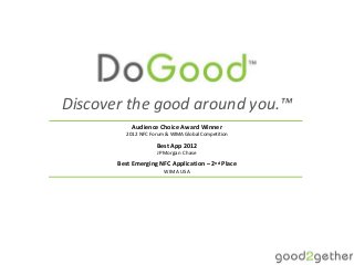 Discover the good around you.™
            Audience Choice Award Winner
          2012 NFC Forum & WIMA Global Competition
                      Best App 2012
                      JPMorgan Chase
       Best Emerging NFC Application – 2nd Place
                        WIMA USA
 