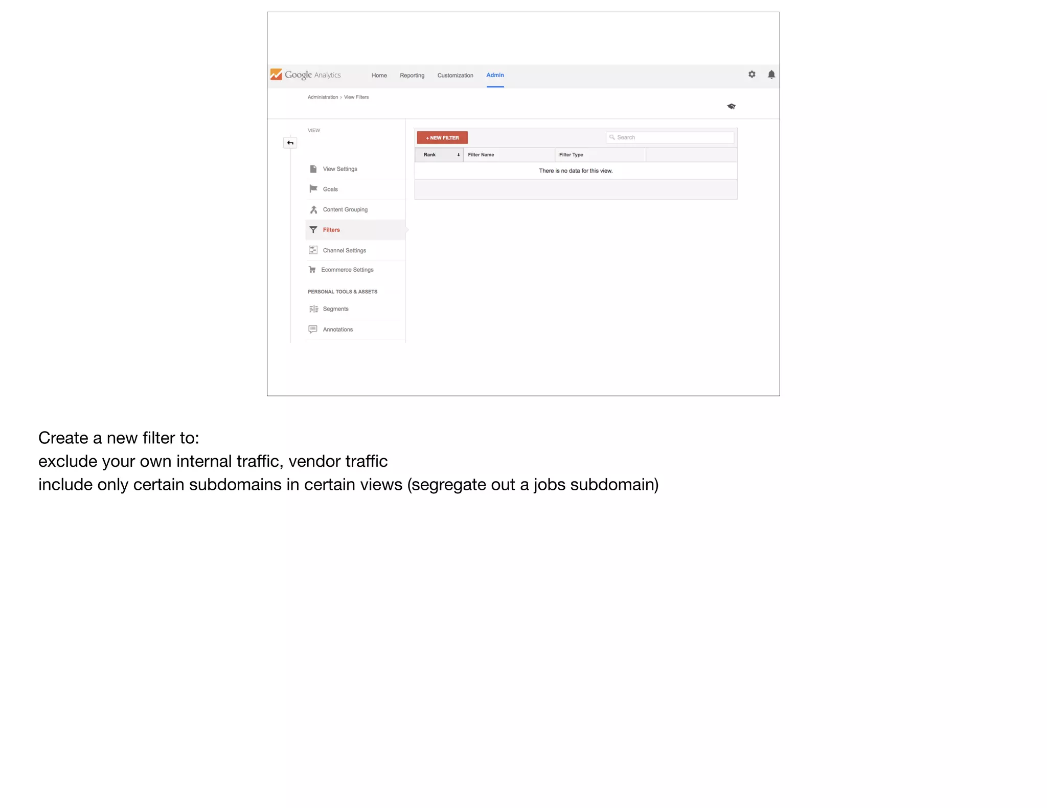 Create a new ﬁlter to:

exclude your own internal traﬃc, vendor traﬃc

include only certain subdomains in certain views (segregate out a jobs subdomain)
 