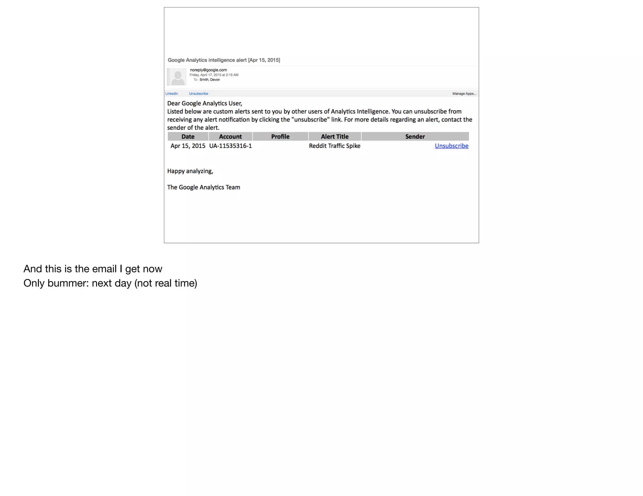 And this is the email I get now

Only bummer: next day (not real time)
 