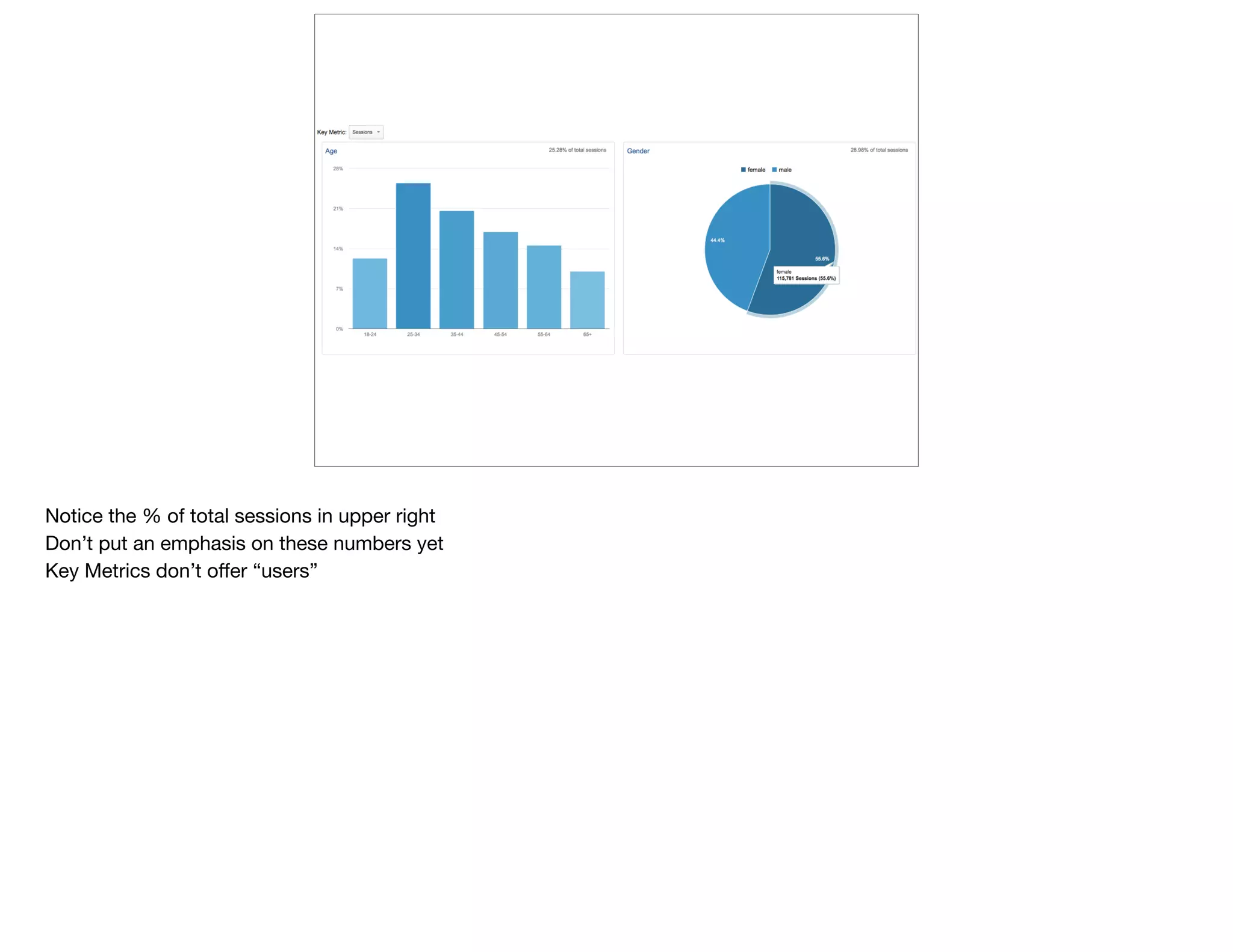 Notice the % of total sessions in upper right

Don’t put an emphasis on these numbers yet

Key Metrics don’t oﬀer “users”
 