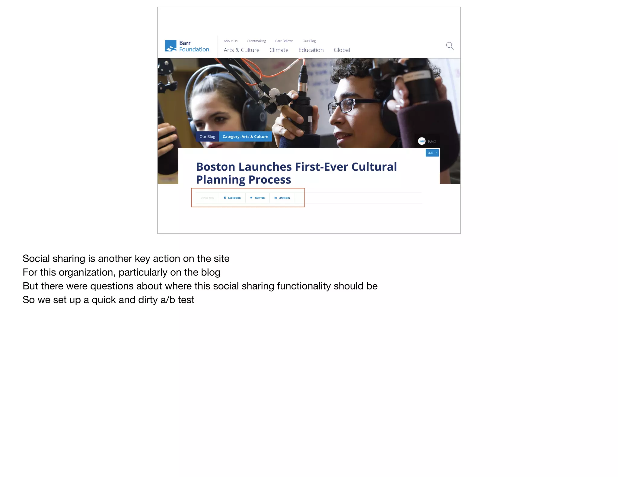 Social sharing is another key action on the site

For this organization, particularly on the blog

But there were questions about where this social sharing functionality should be

So we set up a quick and dirty a/b test
 