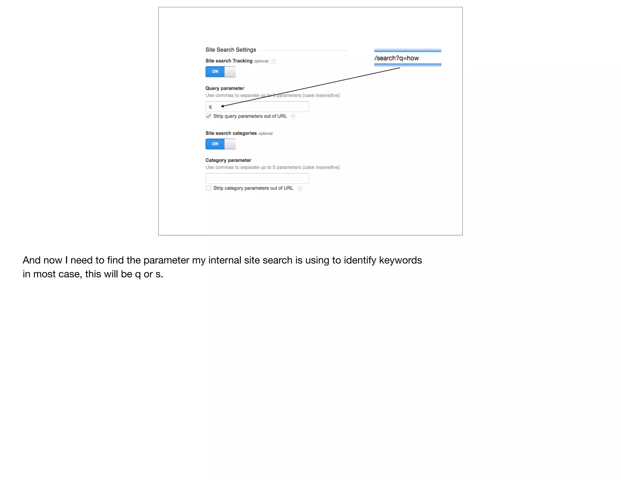 And now I need to ﬁnd the parameter my internal site search is using to identify keywords

in most case, this will be q or s.
 