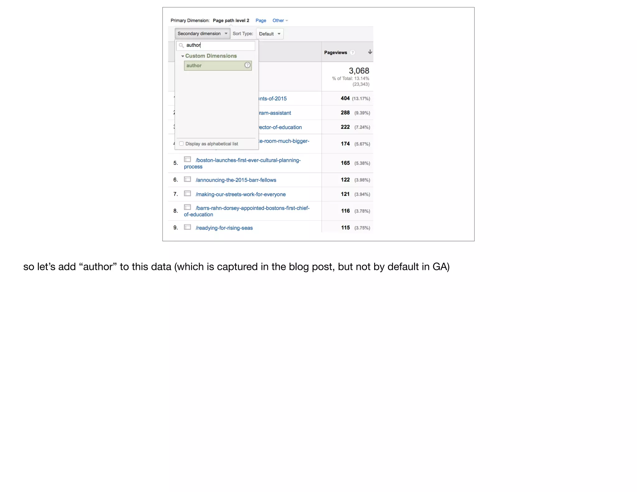 so let’s add “author” to this data (which is captured in the blog post, but not by default in GA)
 