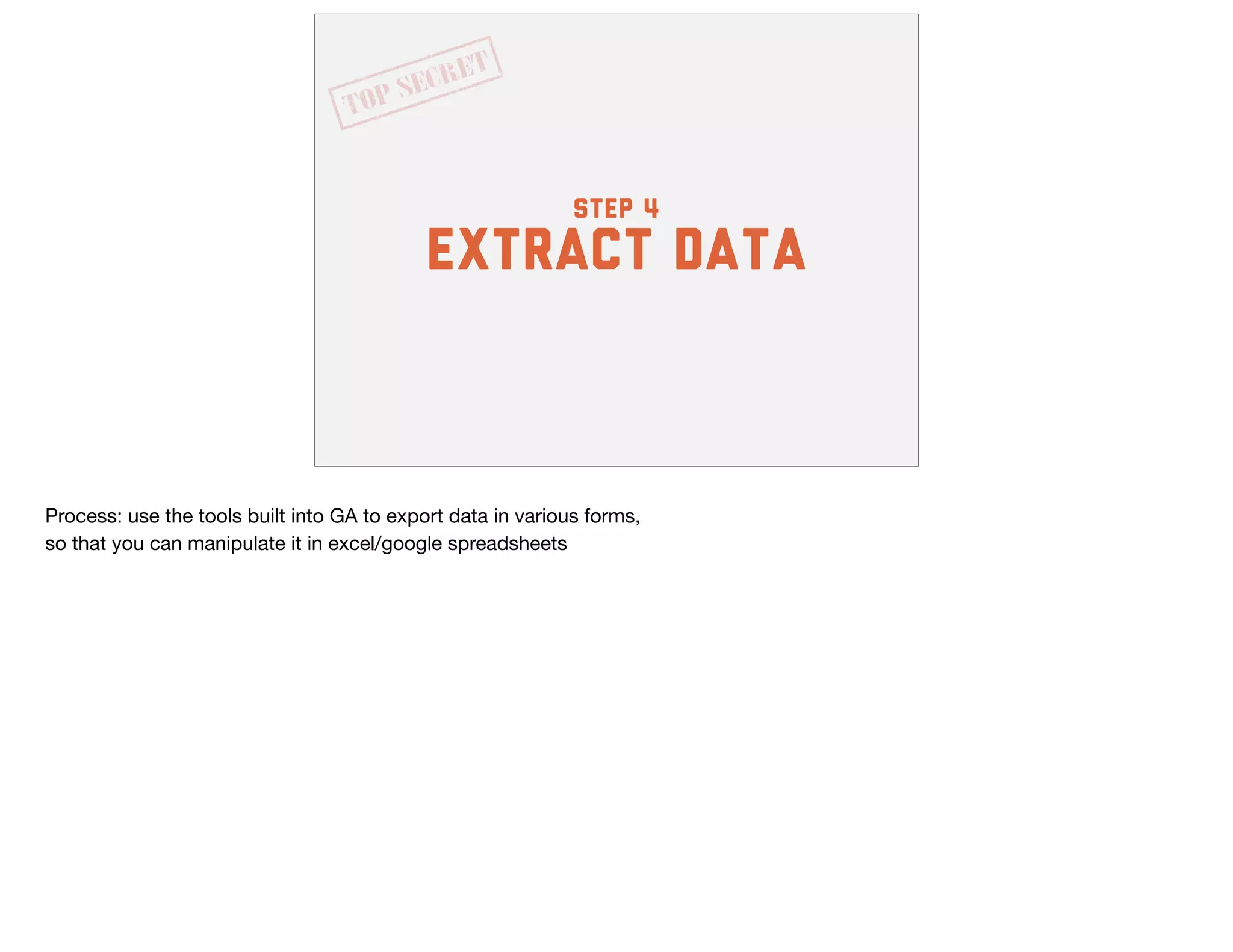 step 4
extract data
Process: use the tools built into GA to export data in various forms, 

so that you can manipulate it in excel/google spreadsheets
 