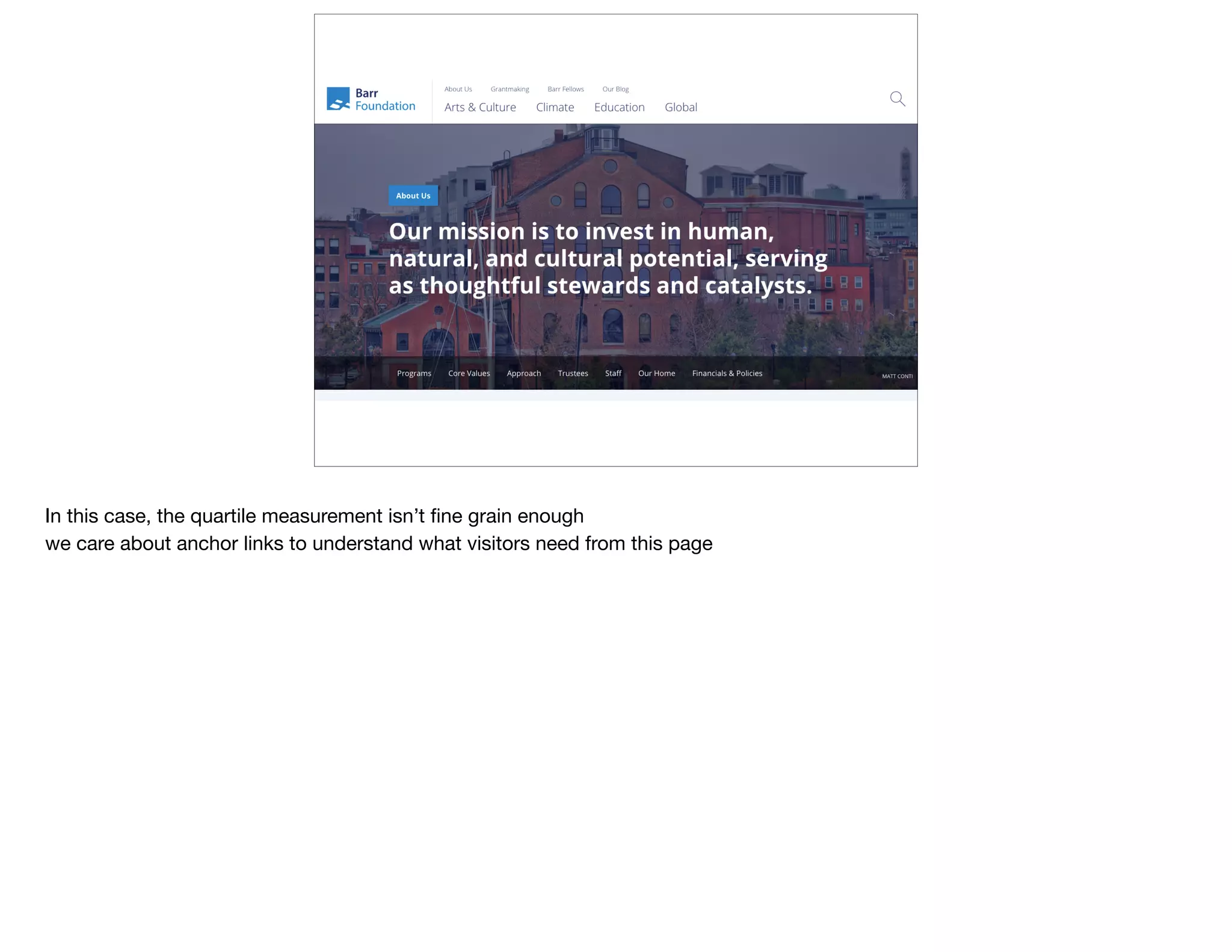 In this case, the quartile measurement isn’t ﬁne grain enough

we care about anchor links to understand what visitors need from this page

 