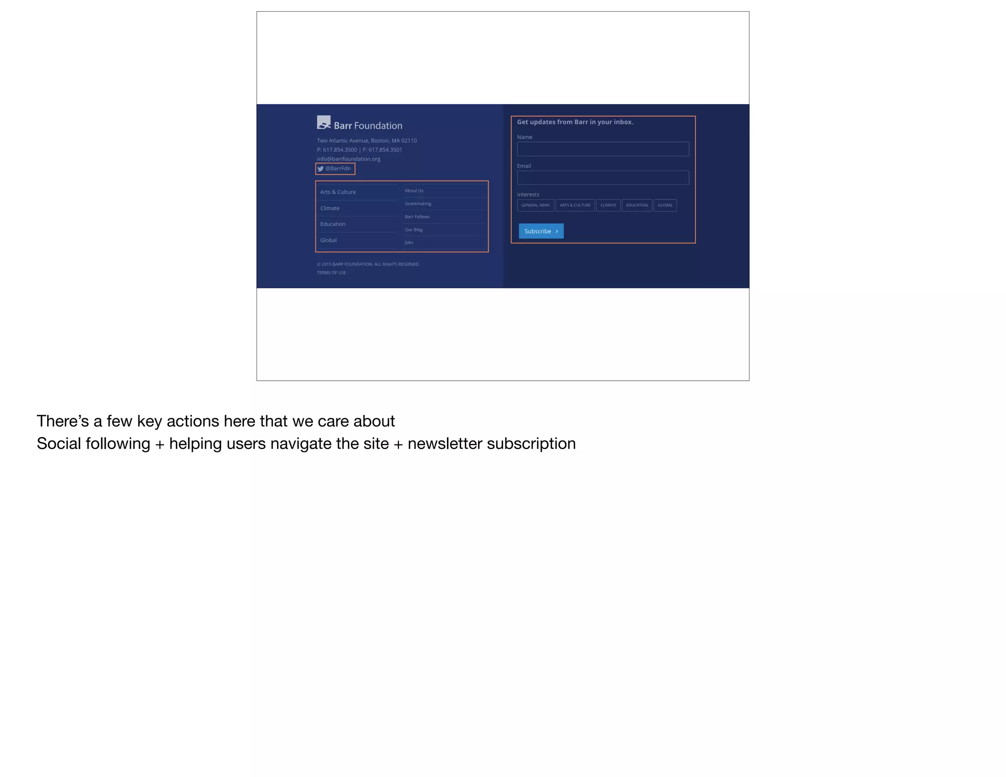 There’s a few key actions here that we care about

Social following + helping users navigate the site + newsletter subscription
 