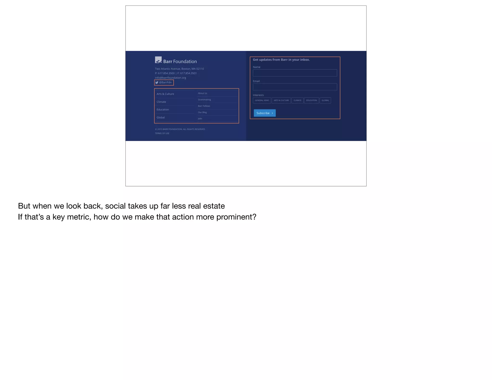 But when we look back, social takes up far less real estate 

If that’s a key metric, how do we make that action more prominent?
 