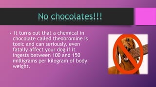 • It turns out that a chemical in
chocolate called theobromine is
toxic and can seriously, even
fatally affect your dog if it
ingests between 100 and 150
milligrams per kilogram of body
weight.
 