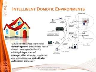 Environments where commercial
domotic systems are extended with a
low cost device (embedded PC)
allowing integration and
interoperation with other appliances,
and supporting more sophisticated
automation scenarios

                         DogSim: A State Chart Simulator for
3/28/2010                                                      3
                              Domotic Environments
 