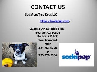 CONTACT US
SodaPup/True Dogs LLC
https://sodapup.com/
2728 South Lakeridge Trail
Boulder, CO 80302
Boulder2791CO
Year Founded
2012
435-760-0778
or
720-272-9664
 