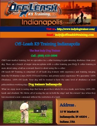 Off-Leash K9 Training Indianapolis
The Best Indy Dog Trainer
Call : (888) 413-0896
OLK9 uses marker training, but we specialize in e-collar training to gain amazing obedience from your
dog. There are a bunch of major misconceptions with e-collar training (see FAQ). E-collar training is
more about using a ball as a reward, than it is about using the e-collar.
Off-Leash K9 Training is comprised of off leash dog trainers with experience and training ranging
from the US Marine Corps, DOD, US Secret Service, and private sector experience! We guarantee 100%
Obedience, 100% Off-Leash. Your dog will be trained to have the same level of obedience as most
police/military working dogs. Dog trainers Indianapolis
What we enjoy most is seeing dogs that have spent their whole life on a leash, now being 100% Off-
Leash and obedient. We thrive off of seeing the joy in both the dogs’ and the owners’ face when they
have mastered a new command without the restriction of a leash.
Visit us : http://www.indydogtrainer.com/
Email : indy@offleashk9training.com
Address :
10 W Market St
Indianapolis, IN 46204 ,
Indiana ,USA
 